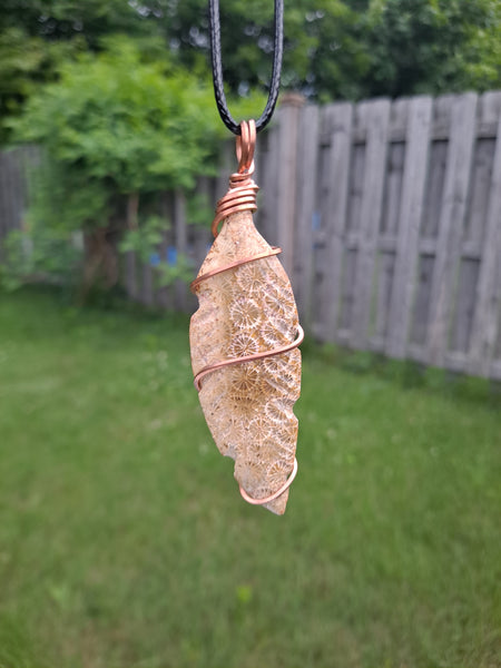 Fossil Coral Agate Feather Pendant Style 1